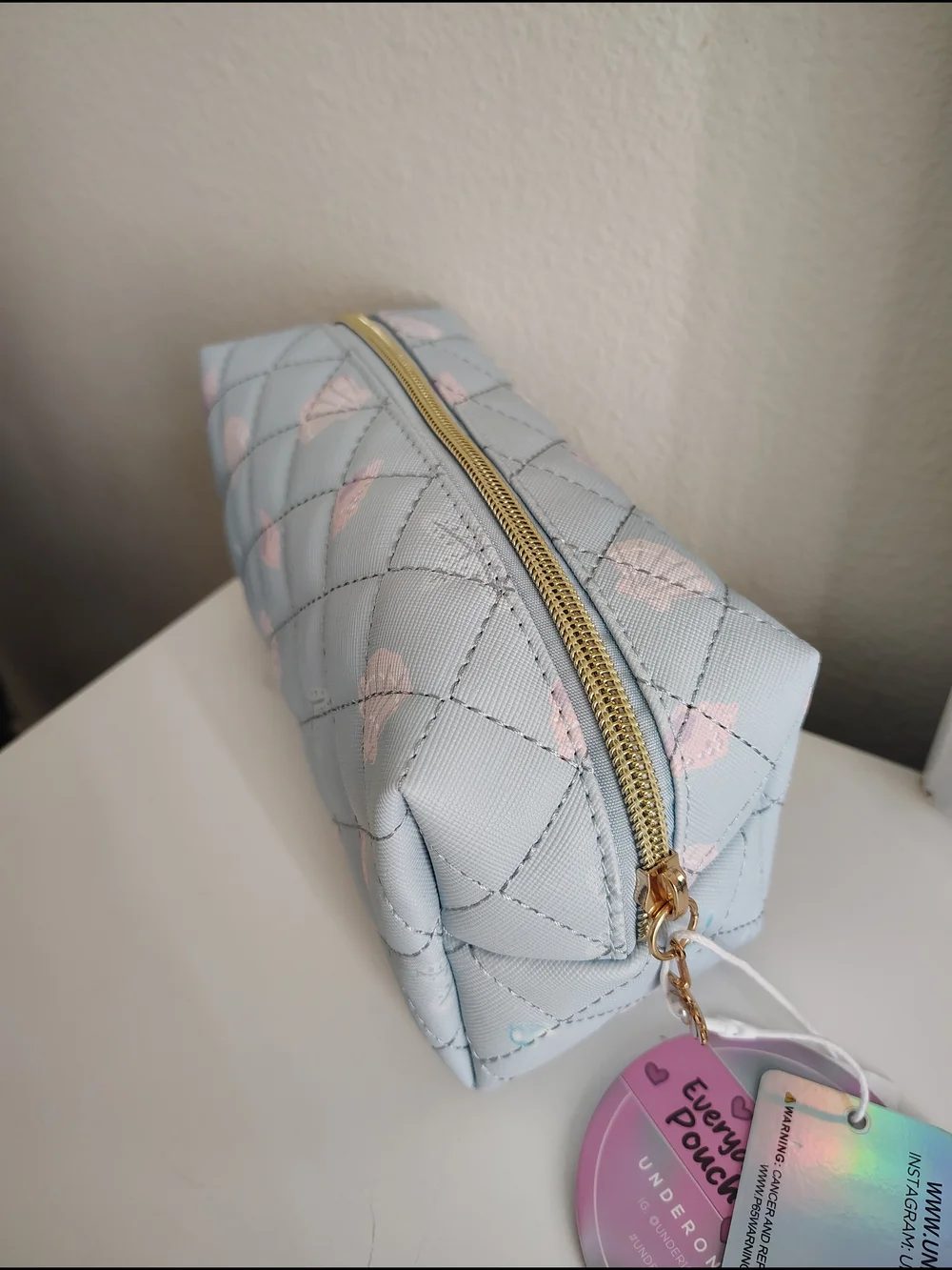 Under One Sky Quilted Cosmetic Pouch in Pale Blue with Light Pink Shells